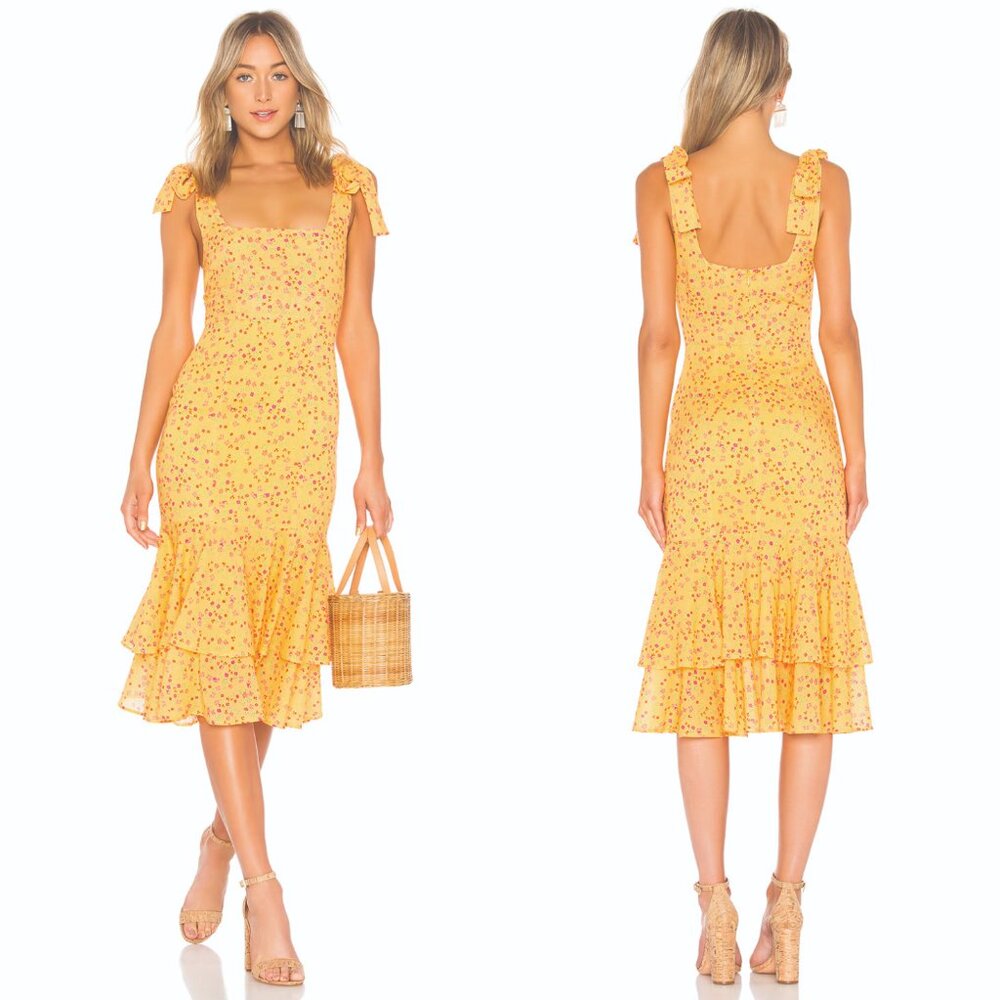 Nwt Lovers + Friends Yellow Goldenrod Ditsy Floral Day Keeper Ruffle Midi Dress